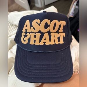 COPY - Navy blue with cream Puff writing trucker hat ascot and hart